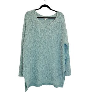 Umgee USA Textured Popcorn Knit V Neck Tunic Sweater Teal XL Oversized Cozy